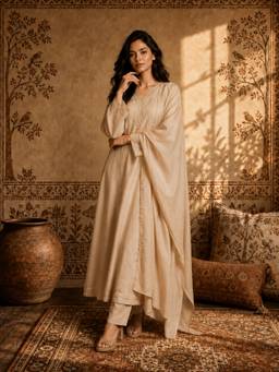 Aaghnya - Women Cream Vichitra Silk Embroidered Kurta With Trouser And Dupatta