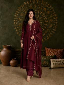Aaghnya - Women Maroon Vichitra Silk Embroidered Kurta With Trouser And Dupatta