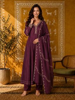 Aaghnya - Women Wine Vichitra Silk Embroidered Kurta With Trouser And Dupatta