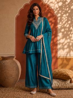 Aaghnya - Women Teal Vichitra Silk Embroidered Kurta With Palazzo And Dupatta