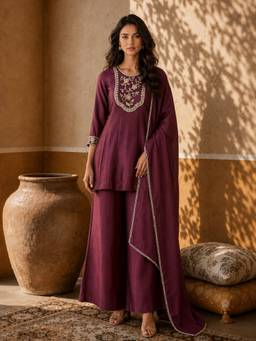 Aaghnya - Women Wine Vichitra Silk Embroidered Kurta With Palazzo And Dupatta
