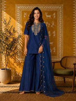 Aaghnya - Women Blue Roman Silk Embroidered Kurta With Palazzo And Dupatta