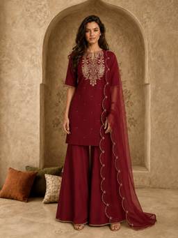 Aaghnya - Women Maroon Roman Silk Embroidered Kurta With Palazzo And Dupatta