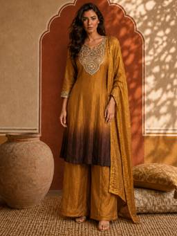Aaghnya - Women Gold Silk Blend Embroidered Kurta With Palazzo And Dupatta