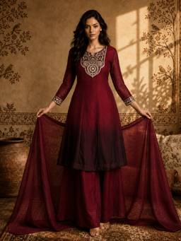 Aaghnya - Women Maroon Silk Blend Embroidered Kurta With Palazzo And Dupatta