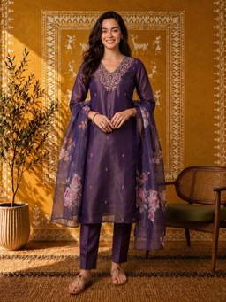 Aaghnya - Women Purple Silk Blend Embroidered Kurta With Trouser And Dupatta