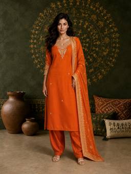 Aaghnya - Women Orange Silk Blend Embroidered Kurta With Salwar And Dupatta