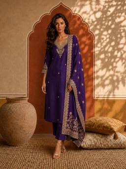 Aaghnya - Women Purple Silk Blend Embroidered Kurta With Pants And Dupatta