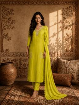 Aaghnya - Women Green Cotton Blend Embroidered Kurta With Trouser And Dupatta