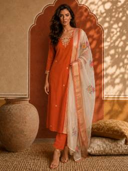 Aaghnya - Women Rust Silk Blend Embroidered Kurta With Trouser And Dupatta