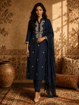 Aaghnya - Women Navy Blue Cotton Silk Embroidered Kurta With Trouser And Dupatta