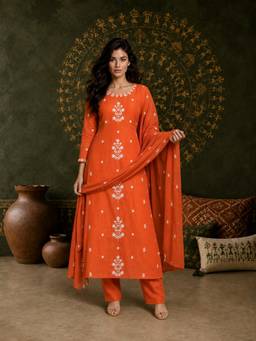 Aaghnya - Women Orange Rayon Blend Embroidered Kurta With Trouser And Dupatta