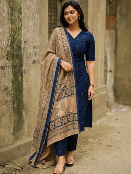 Aaghnya - Women Blue Polyester Printed Straight Kurta with Trousers and Dupatta