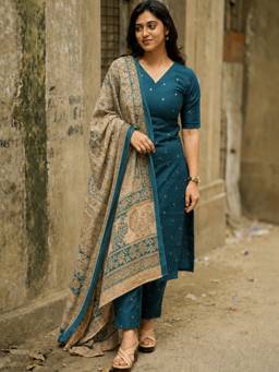 Aaghnya - Women Rama Polyester Printed Straight Kurta with Trousers and Dupatta