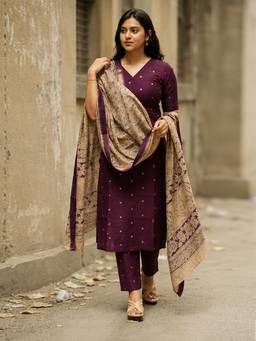Aaghnya - Women Wine Polyester Printed Straight Kurta with Trousers and Dupatta