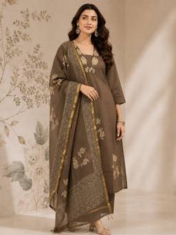 Aaghnya - Women Brown Rayon Blend Printed Straight Kurta with Trousers and Dupatta