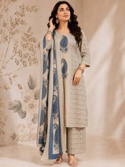 Aaghnya - Women Beige Viscose Blend Straight Printed Kurta with Palazzos and Dupatta