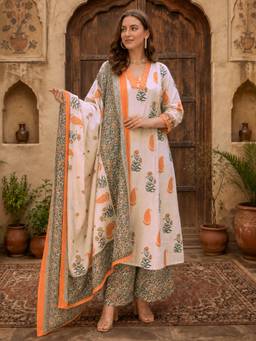 Aaghnya - Women Cream Viscose Blend Straight Printed Kurta with Palazzos and Dupatta