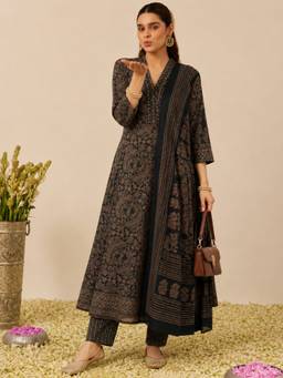 Aaghnya - Women Black Rayon Blend Printed A-Line Kurta with Trousers and Dupatta