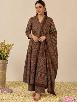 Aaghnya - Women Brown Rayon Blend Printed A-Line Kurta with Trousers and Dupatta