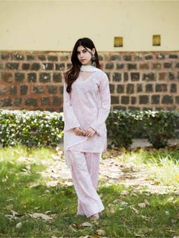 KRUTICO - Women Pink Cotton Kurta with Farshi Salwar and Chiffon Dupatta