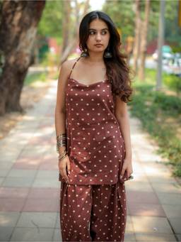 KRUTICO - Women Brown Farshi Salwar with Halter Neck Kurta