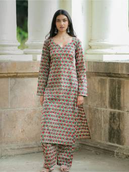 KRUTICO - Women Green Handblock Cotton Kurta with Trousers