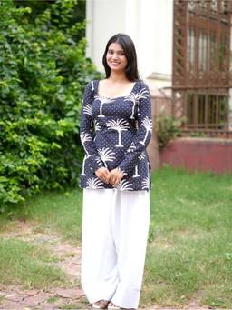 KRUTICO - Women Black Palm Tree Print Cotton Kurti with Salwar