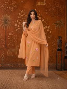 Aaghnya - Women Orange Rayon Blend Printed Straight Kurta with Trousers and Dupatta