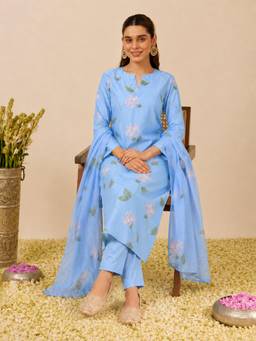 Aaghnya - Women Blue Rayon Blend Printed Straight Kurta With Trousers and Dupatta