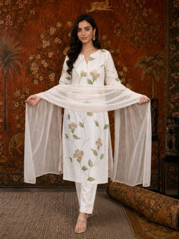 Aaghnya - Women White Rayon Blend Printed Straight Kurta with Trousers and Dupatta