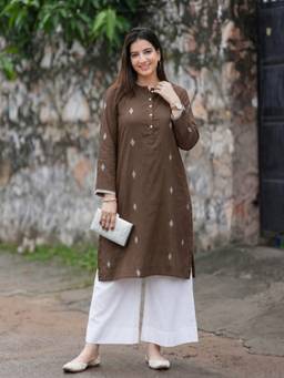 Aaghnya - Women Brown Rayon Blend Woven Straight Kurta with Palazzo