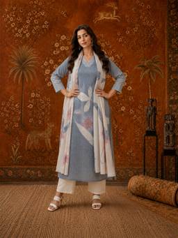 Aaghnya - Women Grey Cotton Blend Printed Straight Kurta with Trousers and Dupatta