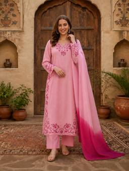 Aaghnya - Women Pink Rayon Blend Embroidered Straight Kurta with Trousers and Dupatta