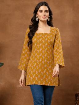 Aaghnya - Women Mustard Rayon Blend Printed Straight Kurti