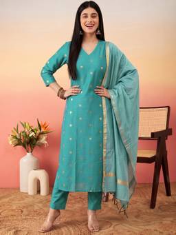 Aaghnya - Women Sky Silk Blend Woven Design Straight Kurta With Trousers and Dupatta