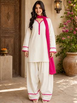 Aaghnya - Women Cream Cora Cotton Solid Kurta with Salwar and Dupatta