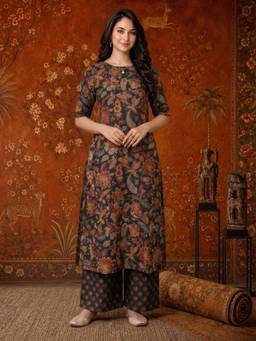 Aaghnya - Women Black Rayon Blend Printed Straight Kurta With Palazzos