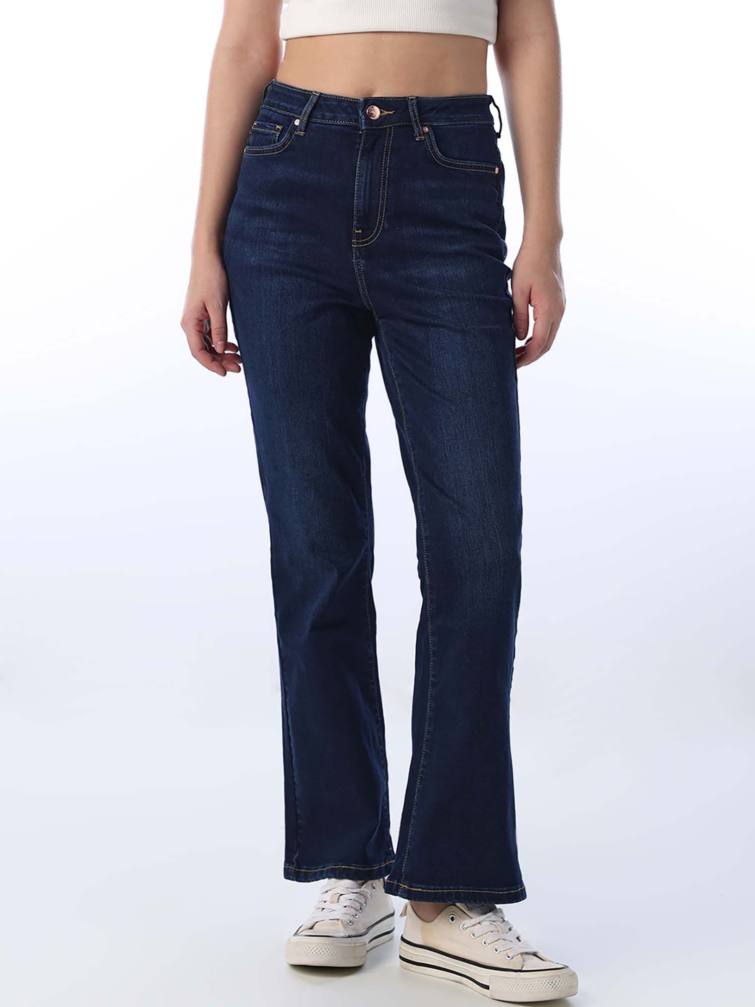 only Womens Solid Flared Fit High-Rise Blue Jeans-picture-14