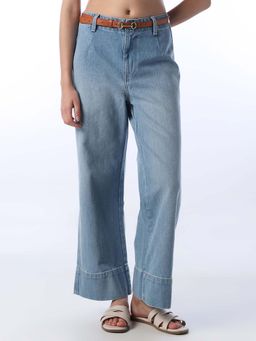 ONLY - Womens Solid Wide Leg Blue Jeans with Belt