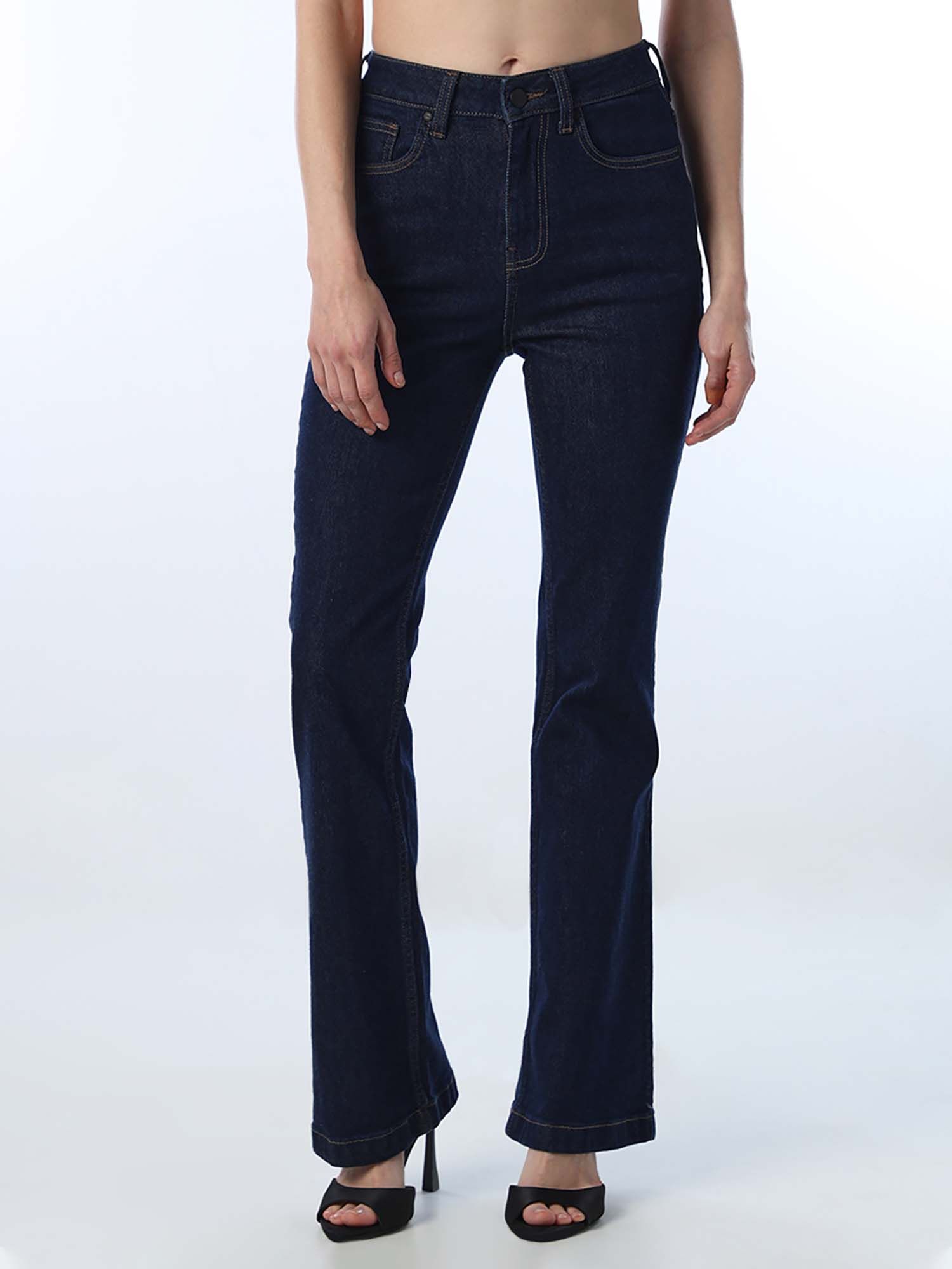 only Womens Solid Flared Fit High-Rise Blue Jeans-picture-41