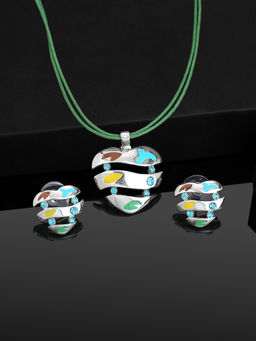 Estele - Rhodium Plated Heart with Enamel and Austrian Crystal Necklace for Women (Set of 2)