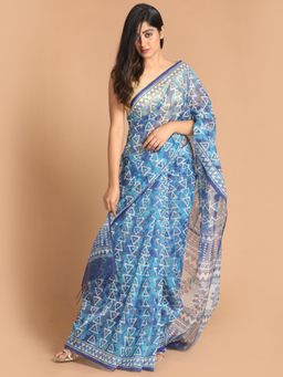 Indethnic - Blue Printed Super Net Saree with Unstitched Blouse