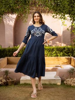 ZUMMER - Blue Three Fourth Sleeves Round Neck Embroidered Dress