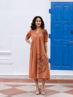 ZUMMER - Brown V Neck Half Sleeves Embroidered Dress