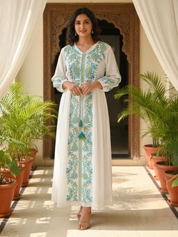 ZUMMER - White Embroidered Fit and Flare Maxi Dress