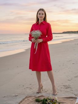 ZUMMER - Red Poplin Shirt Midi Dress