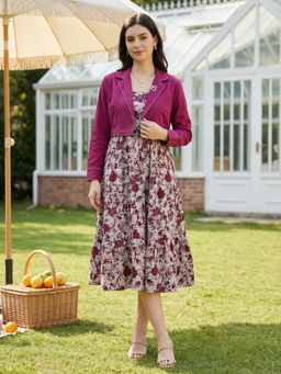 ZUMMER - Magenta Printed Fit And Flare Midi Dress with Embroidered Jacket