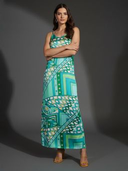 ZUMMER - Blue Abstract Satin Strappy Maxi Dress