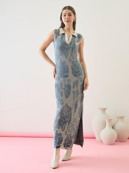 ZUMMER - Blue Seamless Cotton Knitted Floral Maxi Dress